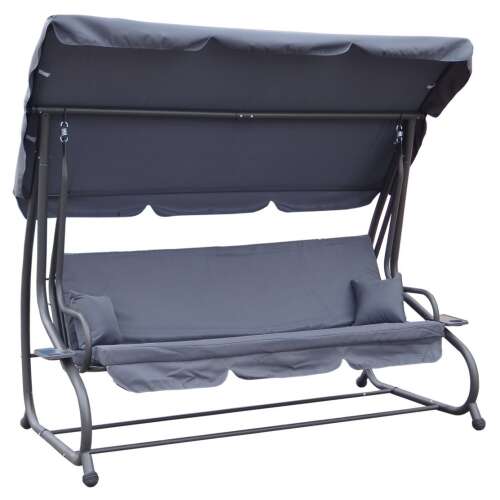 Kerti hintaágy szürke színben, baldachinnal és oldalsó asztalokkal