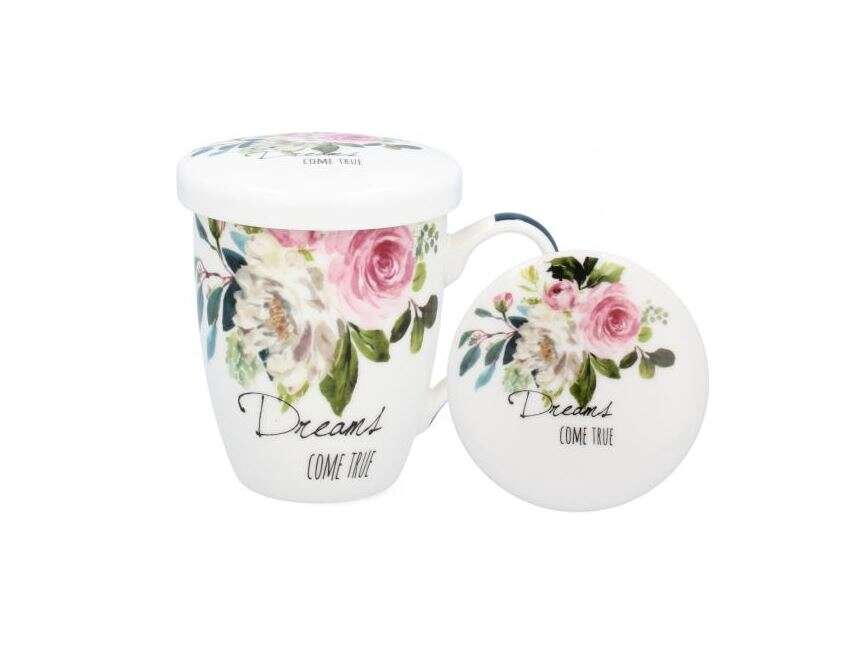 Porcelán rózsa mintás bögre fedővel és szűrővel díszdobozban