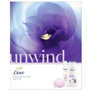 Darčekový set Dove Unwind Body Selection, ktorý obsahuje Dove Anti-Stress sprchový gél, Dove Soft Feel dezodorant a Dove Relaxing krémové mydlo - Dove