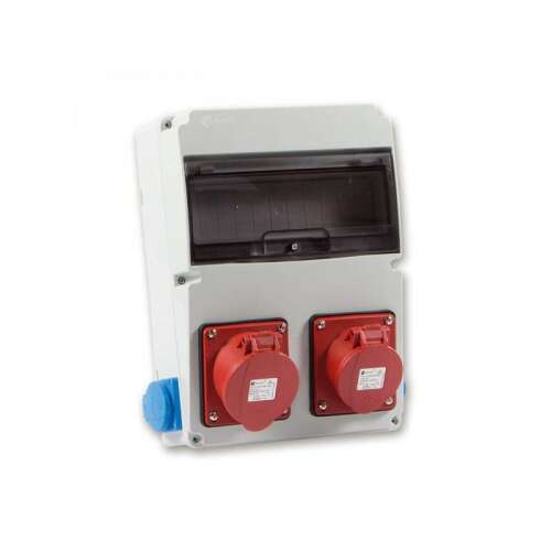 IPARI DOBOZ SZERELT 220X300-1X(5P16A)+1X(5P32A)+2X(2P+F)OLDALSÓ IP44 ipari elektromos doboz 2 piros konnektorral és 1 kék konnektorral