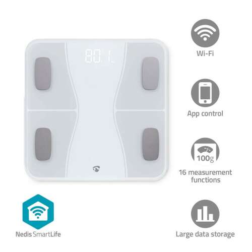 Nedis SmartLife Bluetooth Smart Scale, biela, 16 meracích funkcií, ovládanie aplikáciou, veľké úložisko dát