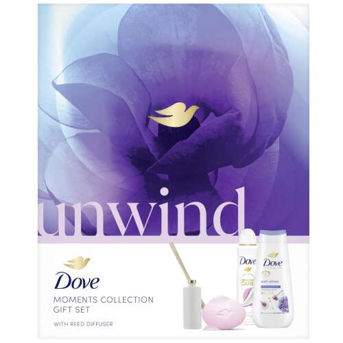 Dove Moments Collection Unwind poklon set s difuzorom od trske, koji uključuje: Dove Advanced Care Anti-Stress gel za tuširanje, Dove Advanced Care Soft Feel dezodorans, Dove Relaxing kremasti sapun