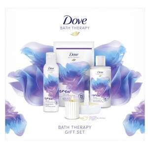 Dove Renew Badetherapie Geschenkset mit Duschgel, Duschschaum, Badesalz, Kerze und Peeling-Schwamm - Persönliches Pflegepaket
