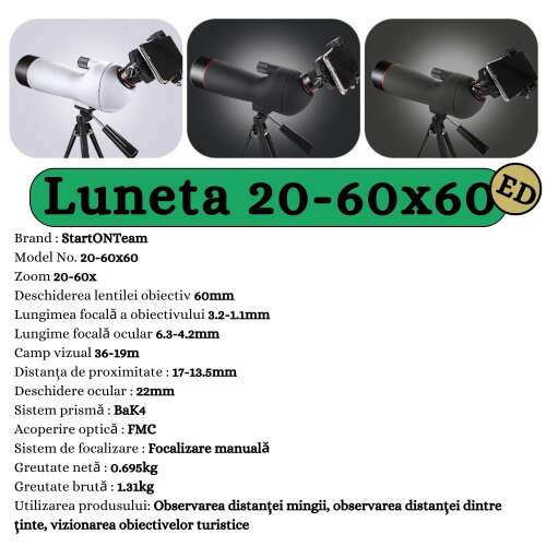 StartONTeam Eagle 20-60x60 Spotting Scope mit Smartphone-Adapter, Stativ und Tragetasche