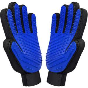 Pair of blue and black pet grooming gloves with silicone bristles for removing loose hair and massaging pets - Pet hair remover