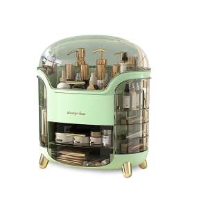 INVINCIO Retro kozmetikai rendszerező, menta zöld színben arany részletekkel, 9 rekeszes, átlátszó fedéllel, tökéletes smink, bőrápoló és egyéb szépségápolási termékek tárolására és rendezésére - Kozmetikai rendszerező