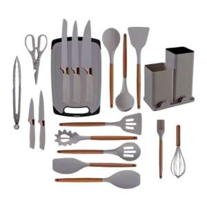 MOOD Premium kitchen utensils set, 19 pieces, silicone and wood, heat-resistant, non-stick, knives, chopper, holder, cooking, baking - Kitchen Tool Set