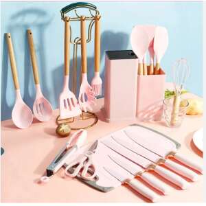 MOOD kitchen utensil set with pink silicone utensils and wooden handles, including a spatula, a spoon, a whisk, and a set of tongs - Kitchen Tool Set