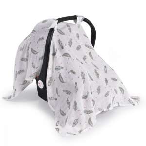 Cangaroo hordozó takaró tollas mintával, fehér alapon szürke tollal és rózsaszín pontokkal - Babatakaró