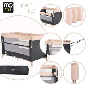 Moni Next Level multifunkciós utazóágy, bézs színben, a képen a kiságy, a jellemzői és a hordtáska látható - Utazóágy és Kiegészítői