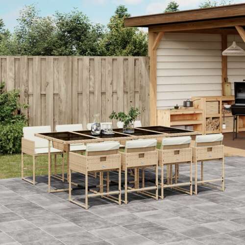 vidaXL 9 részes bézs polyrattan kerti étkezőgarnitúra párnákkal, kerti bútor, terasz bútor, kerti asztal és székek, étkezőgarnitúra, rattan bútor - Kerti étkezőgarnitúra