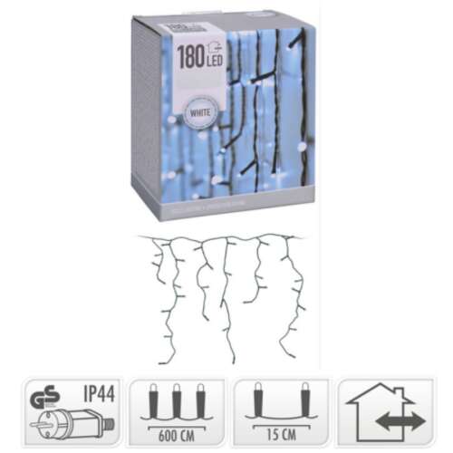 180 LED-es jégcsap fényfüzér, fehér, 6 méter, kültéri, beltéri, karácsonyi fények, díszítés, fényfüzér, tündérfények