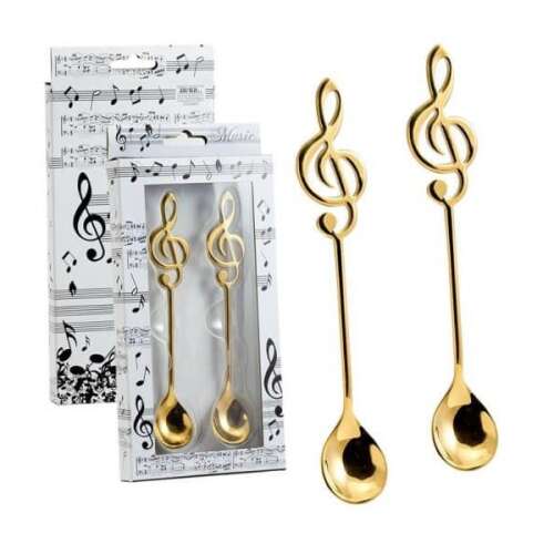 2 darabos arany hegedűkulcsos teáskanál szett, tea vagy kávéhoz, zene szerelmeseinek ajándék