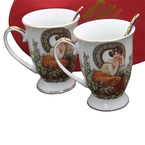 Mucha Topáz porcelán bögre szett kanállal, 2 db, szív alakú díszdobozban