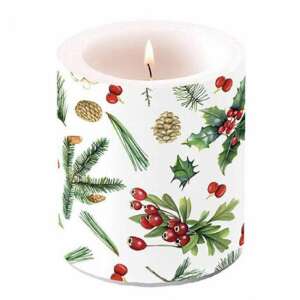 Karácsonyi gyertya magyal, fenyő és bogyós mintával - Winter Greenery White - Dekoráció