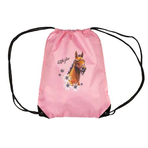 Rózsaszín húzózsinóros tornazsák lovas mintával, ideális tornaórára vagy mindennapi használatra