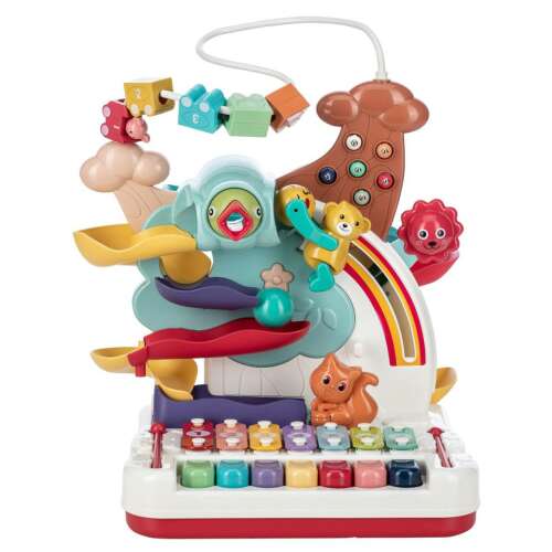 FreeON free2play interaktív zenélő fa játék babáknak és kisgyermekeknek, zongorával, xilofonnal, gyöngyös labirintussal és csúszdával