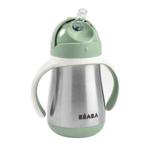 Béaba Rozsdamentes Acél Szívószálas Ivópohár 250 ml Zsályazöld, szivárgásmentes, duplafalú rozsdamentes acél pohár szívószállal, két fogantyúval és tolófedéllel a könnyű iváshoz és tisztításhoz - Beaba