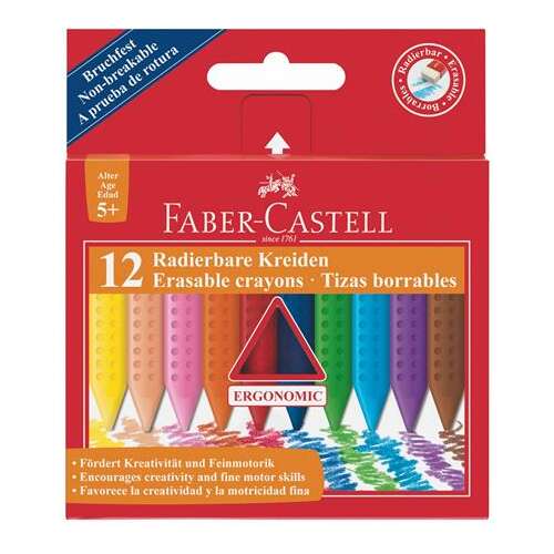 Faber-Castell Radierbare Kreiden, 12 Farben, ergonomisch, bruchfest