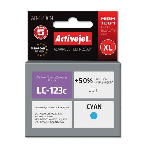 Activejet Brother LC-123C cián tintapatron, 10ml, High Tech legjobb minőségű tinta, XL, Európai márka