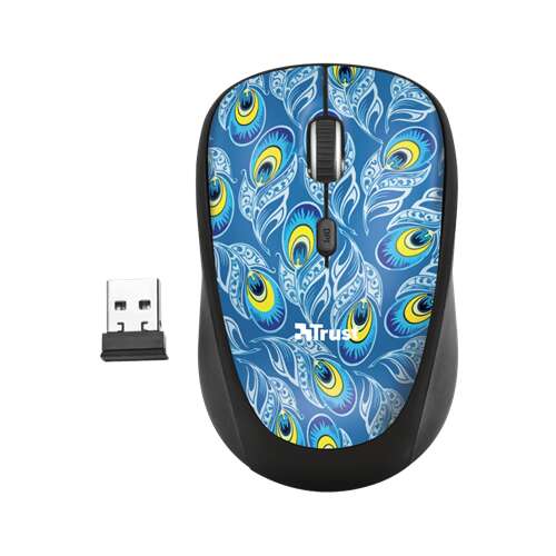Trust Yvi wireless mouse with peacock design, 8 meter wireless range, compact size
