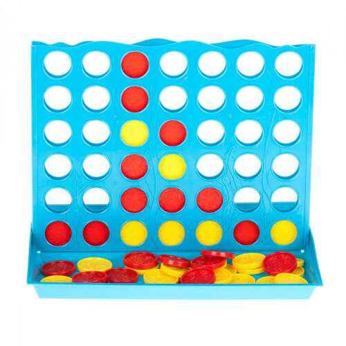Connect Four játék tábla piros és sárga bábukkal, kék kerettel, játék közben