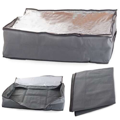 Szürke összecsukható tárolódoboz szekrénybe, 80x45x15cm, cipzárral és fogantyúkkal, különböző nézetekből összeállított kép