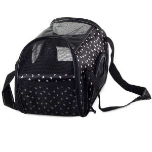 Fekete hátizsák kutyák és macskák szállításához, fehér szív mintával, hálós szellőzéssel, kényelmes fogantyúkkal és kivehető béléssel - Állattartás