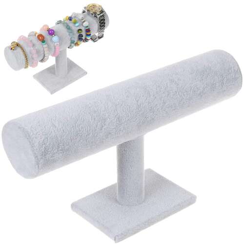 Ékszer bemutató állvány órákkal és karkötőkkel, szürke bársony, kollázs