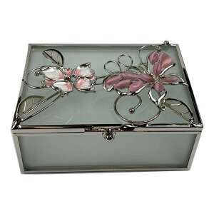 Tiffany-stílusú rózsaszín pillangós üveg ékszertartó doboz - Lakberendezés