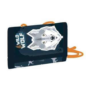 Wild Wolf nyakba akasztható pénztárca fiúknak, kék színű farkas mintával, cipzáras zsebbel, kártyatartókkal és átlátszó zsebbel bérletnek - Baba & Gyerek divat