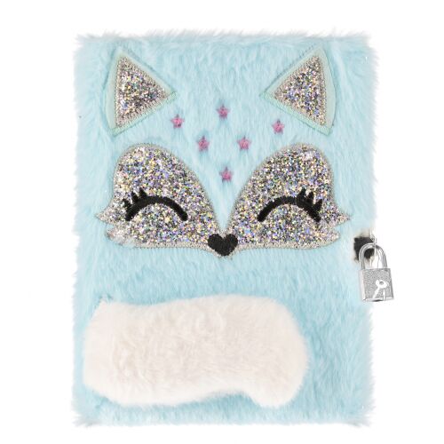 Világoskék rókás plüss napló lakattal, A5 vonalas jegyzetfüzet