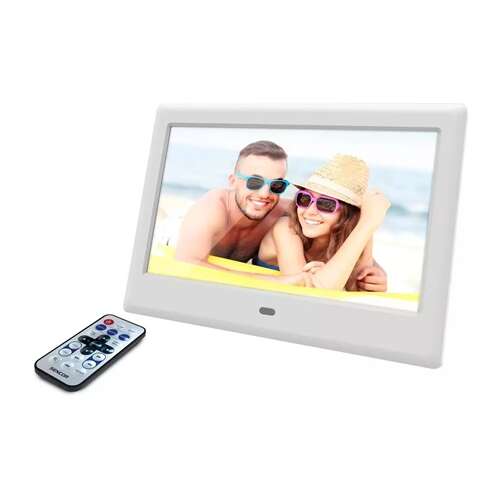 Sencor SDF 782 WH digital photo frame with remote control, displaying a picture of a couple on a beach