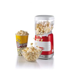 Ariete Party Time Popcorn Maker 2956.RD in red with popcorn in a bowl and cup - Ariete