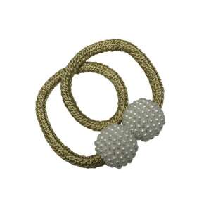 Gardinia Flex függönyelkötő arany színben fehér gyöngyös gömbökkel, fehér alapon - Függönyelkötő