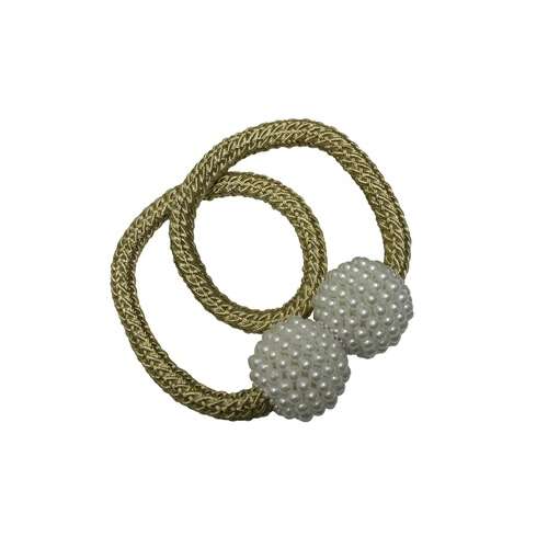 Gardinia Flex függönyelkötő arany színben fehér gyöngyös gömbökkel, fehér alapon