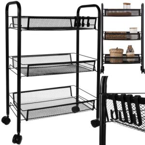 Ruhhy 3-tier black mobile kitchen trolley with hooks, angled view - Kitchen storage rack
