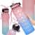 Motivational water bottle with time markers and straw, pink and blue ombre, 1 liter, 32 oz, Trizand