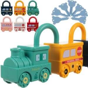 Collage of colorful toy train and cars with matching keys, educational toy for toddlers - Kruzzel