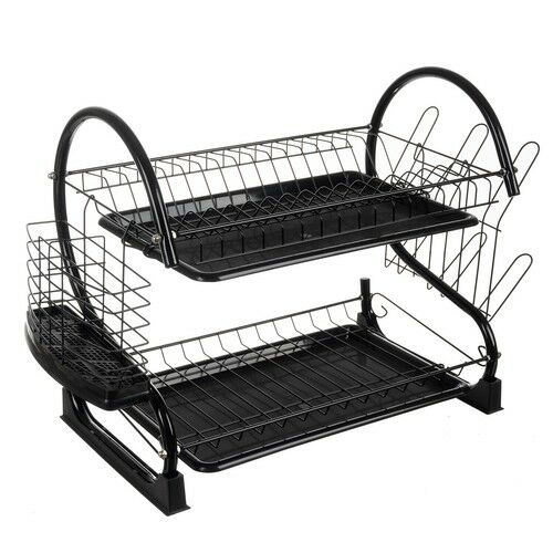 Two-tier black dish rack with cutlery and glass holder
