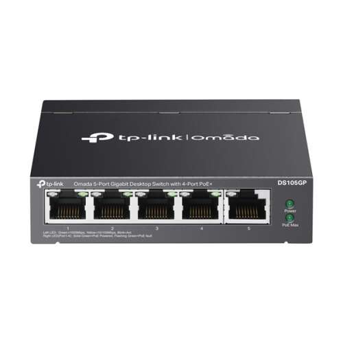 Przełącznik sieciowy TP-Link Omada DS105GP, bezkonfiguracyjny (unmanaged), Gigabit Ethernet (10/100/1000), z obsługą PoE (Power over Ethernet), czarny