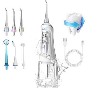 Oral irrigator with 6 interchangeable nozzles, USB charging cable, and water tank - Mouth shower and Electric toothbrush