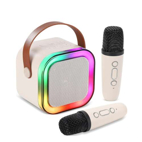 Vezeték nélküli karaoke hangszóró két mikrofonnal, tökéletes gyerekeknek, színes fényekkel és kompakt kialakítással.