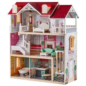 TopBright Wooden Dollhouse, 3-story, 5 rooms, balcony, 15 furniture pieces, playset for kids - Dollhouse
