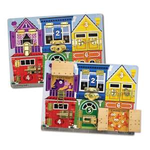 Busy board with different locks and latches for kids to learn and play with, featuring colorful houses with numbers and animals - Melissa & Doug