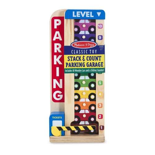 Jucărie din lemn Melissa & Doug Stack & Count Parking Garage, include 10 mașini colorate și un contor glisant