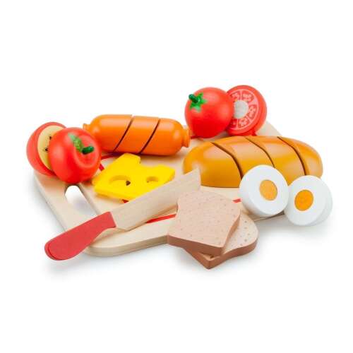 New Classic Toys Cutting Meal wooden play food set with bread, sausage, cheese, tomato, egg, and knife