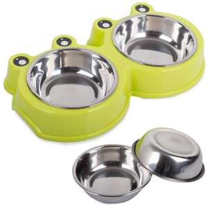 Dupla macska fém kutyatál 0,175lx 2, green frog design, stainless steel bowls, pet feeding and drinking bowl - Pet Care