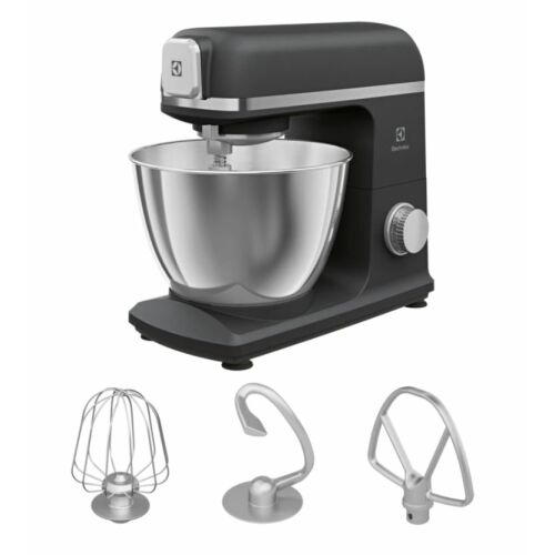 Electrolux E5KM14BPT Stand Mixer, 1200W, Black, with whisk, dough hook, and beater attachments