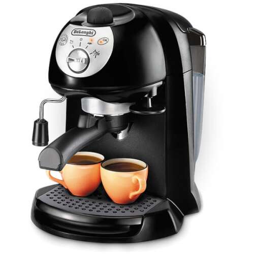 DeLonghi EC201CD.B espresso machine with two cups of coffee